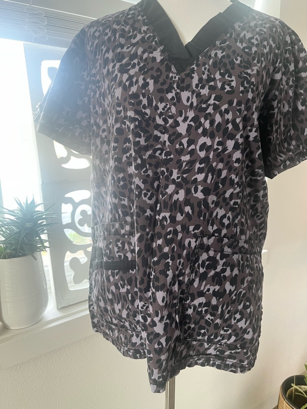 Grey and Black Leopard Print Scrub Top